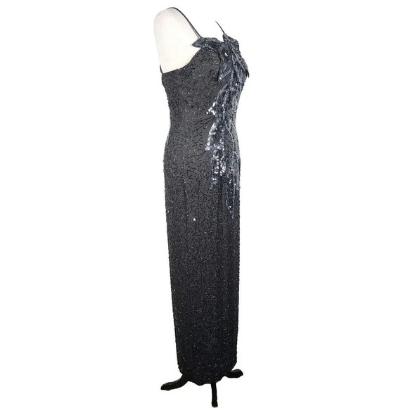 Vintage Black Tie By He-Ro Silk Beaded Sequin Evening Cocktail Dress Size 10 - Picture 4 of 16